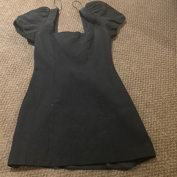 ZARA Linen Blend Puff Sleeve Tie Open Back Mini Dress Black Medium - Picture 3 of 5